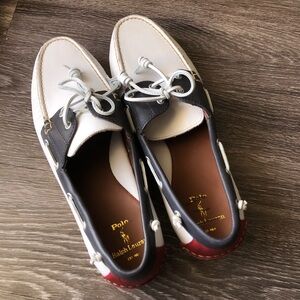 Polo Ralph Lauren Merton Leather Boat Shoes - White/Navy/Red - Men's 15D